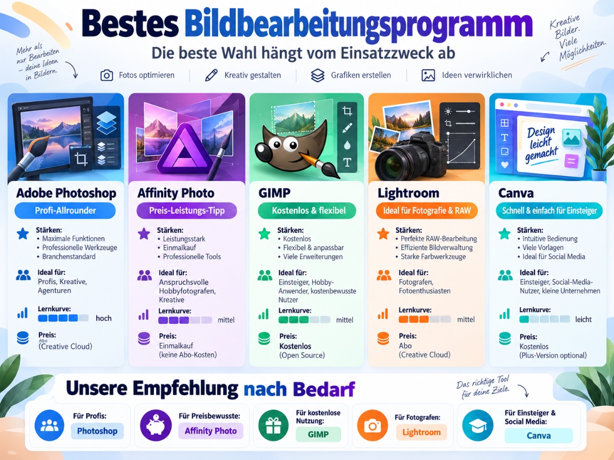Bestes Bildbearbeitungsprogramm: Infografik mit Photoshop, Affinity Photo, GIMP, Lightroom und Canva im Vergleich