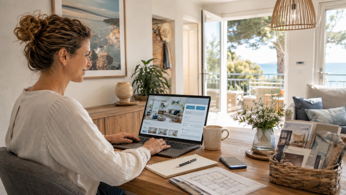Vermieterin bearbeitet die eigene Website für ihre Ferienwohnung am Laptop