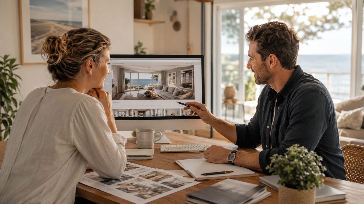 ermieterin bespricht mit einem Webdesigner die Erstellung einer Ferienwohnung Homepage