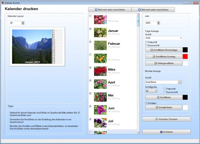 Auf diesem Bild sieht man eine Funktion von Druckstudio für Bilder - in diesem Fall den Kalenderdruck vom Bildbearbeitungsprogramm.