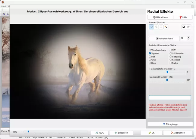 Schwarz-Weiß Sepia Vignette und radialem Fokus Effekt im Fotobearbeitungsprogramm