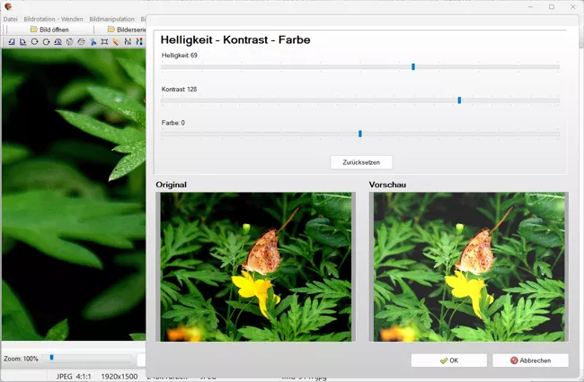 Vorher-Nachher Beispiel mit Helligkeit Kontrast Farbkorrektur im Fotobearbeitungsprogramm