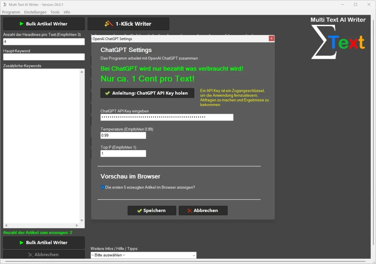 Screenshot des AI Text Generators für Artikel mit ChatGPT-Unterstützung