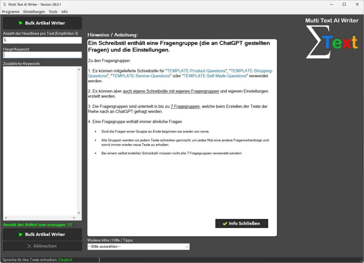 Oberfläche des KI Text Generators für ChatGPT-Prompts zu Blogartikeln