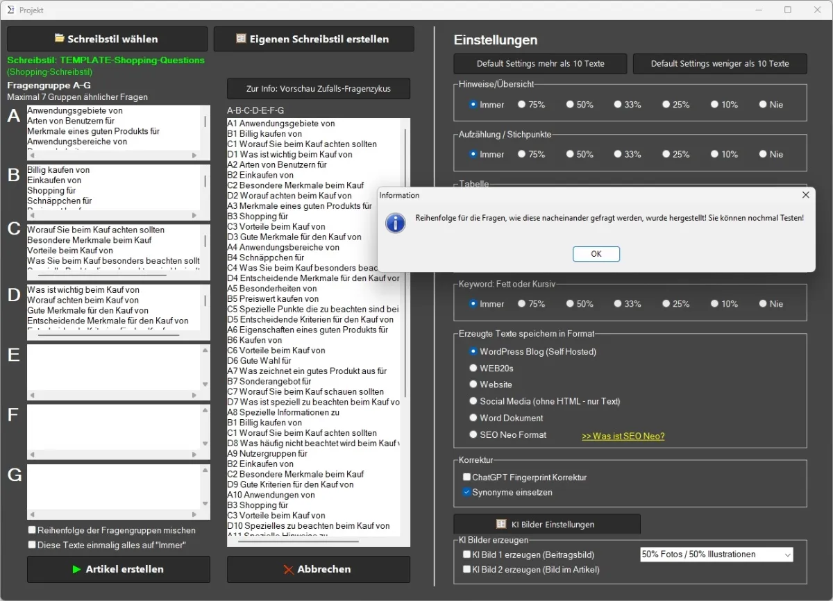 Screenshot des SEO Writers für den Prompt-Workflow bei Artikeln